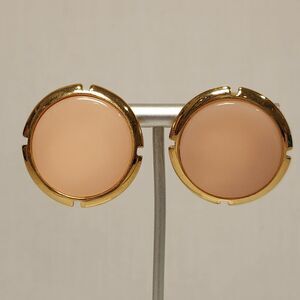 Trifari Pierced Earrings Blush Pink Peach Round Flat Cabochon‎ Vintage 1.25"
